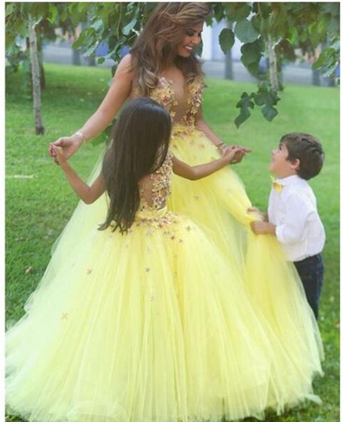 

customized flower girl dress 3d applique yellow puffy tulle kids first communion girls birthday party gown girl's dresses, Red;yellow