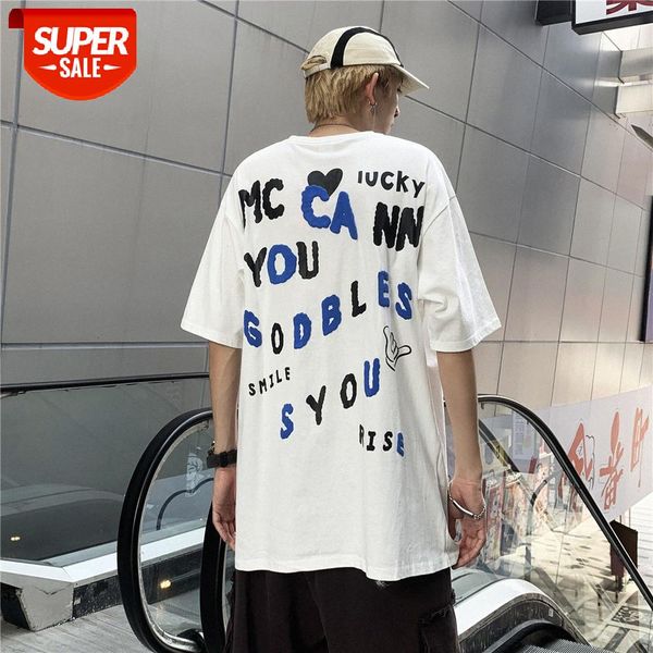 

letter foam printing short-sleeved t-shirt men's street fun loose half-sleeved round neck five-point sleeves #yp62, White;black