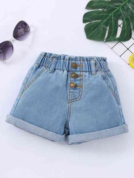 Botão de bebê detalhe bolso remendado denim shorts ela