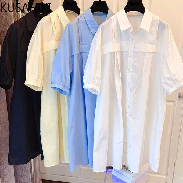 

kusahiki korean pleated patchwork blouse dresses causal puff sleeve turn-down collar woman dress cotton femme vestidos 6h250 210602, Black;gray