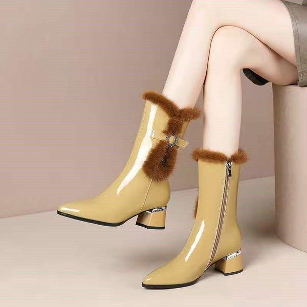 

boots high heels women's mid-tube snow soft leather plus elvet thick cotton shoes warm winter botas femininas female, Black