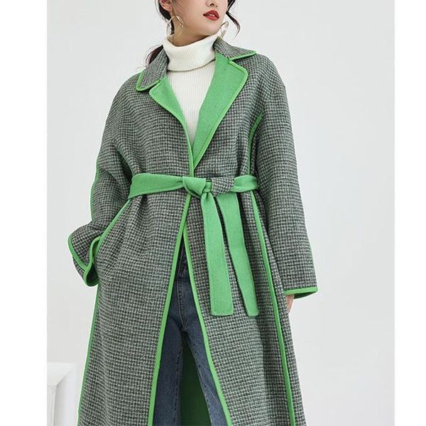 

women's wool & blends high-end plaid double-sided coat fall / winter mid-length sheepskin edging profile design lace-up outerwear, Black