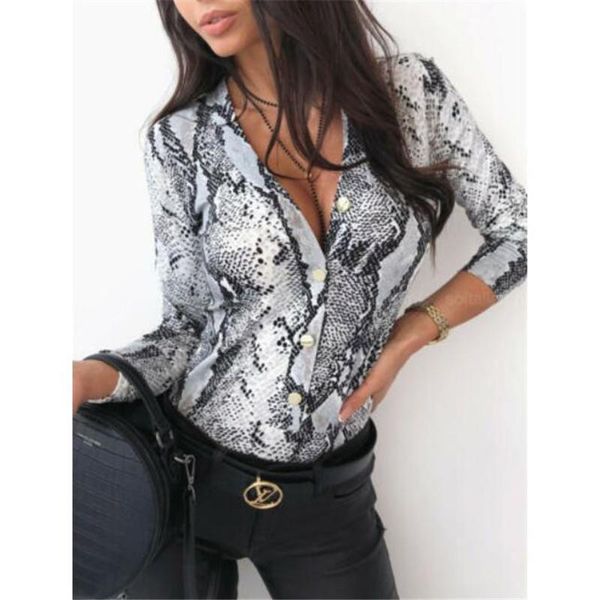 

women shirts blouse long sleeve leopard skin prinetd autumn casual v neck shirt slim leotard fashion, White