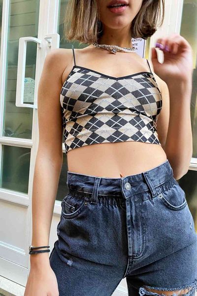 

summer v neck women cami crop adults argyle plaid animal print spaghetti strap camisole black khaki blue leopard, White