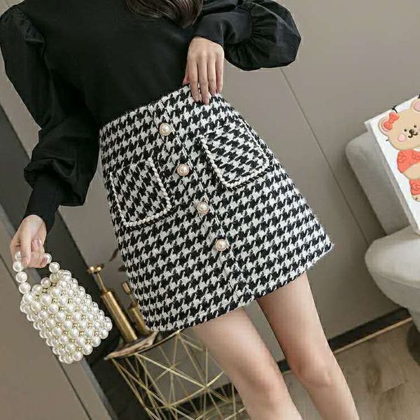 

women's shorts twed autumn of wool girl's skirt high waist wholesale winter houndstooth skirts with unique breasted booty pockets, White;black