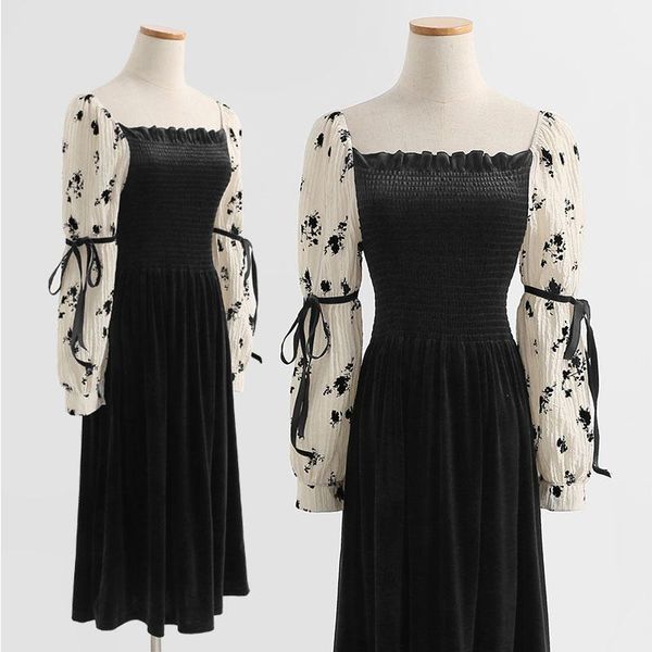 

casual dresses clothes 2021 female hepburn style small floral dress long sleeve slim temperament velvet bottomed, Black;gray