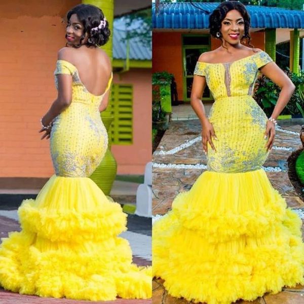 

party dresses aso ebi yellow mermaid prom off the shoulder backless lace appliques beads tiered evening gowns ruffles sweep train, White;black