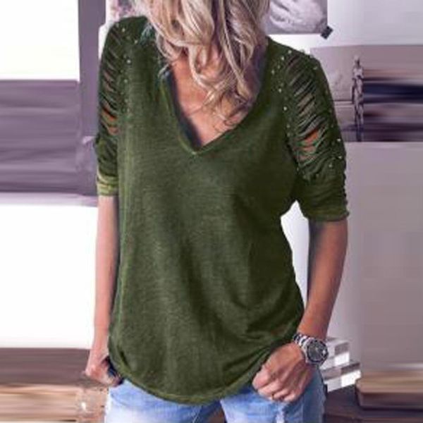 

women's t-shirt hollow out long sleeve women pearl solid color v neck summer t shirt daily holiday ladies tshirts camisetas mujer, White