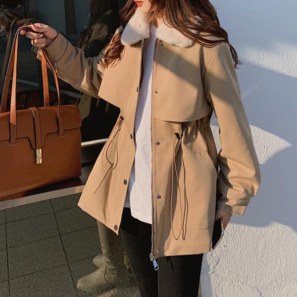 

women's jackets woman jacket fur collar coats 2021 autumn winter warm clothes pockets fashion single breasted solid zipper vintage, Black;brown