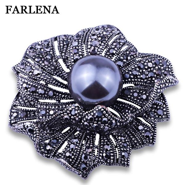 

pins, brooches farlena jewelry simulated pearl flower shape brooch pins vintage black rhinestones for women gift, Gray