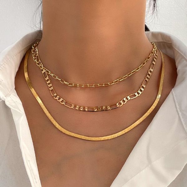 

chains flatfoosie multi-layer snake chain choker necklace for women men simple gold color metal link necklaces boho trend jewelry, Silver
