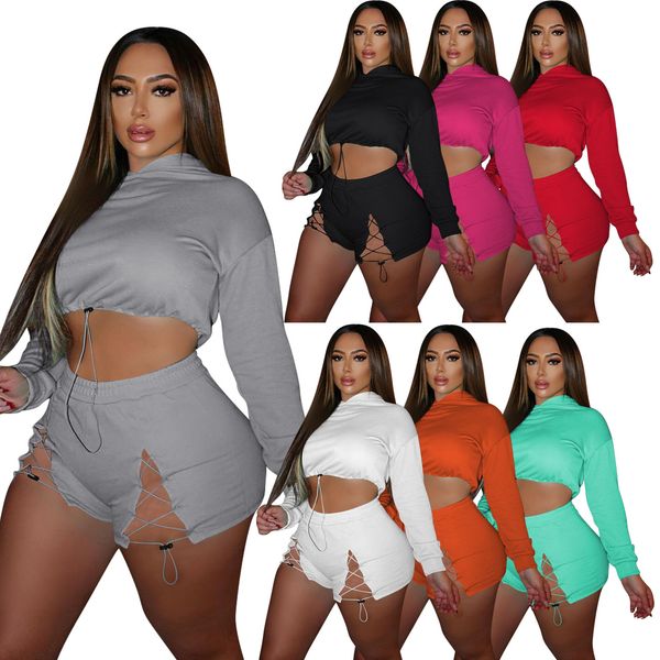 

women tracksuits designer two piece set solid color fashion hooded zip shorts jogging suit club casual short sleeve tight pants sports outfi, Gray