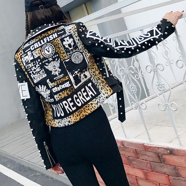 

women's jackets thailand tide brand rivet leopard stitching long-sleeved punk rock short locomotive pu leather jacket coats women fashi, Black;brown