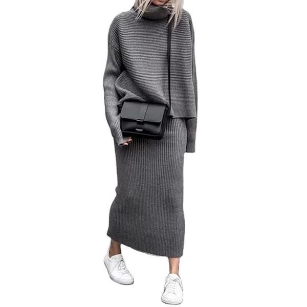 

2 pieces set knitted women dress tracksuit turtleneck solid color sweater ankle length pullover jumper chic outwear, White