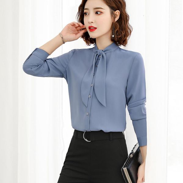 

women's blouses & shirts elegant women bow collar shirt new blue white casual full sleeve s-4xl for girl fall winter wear g6w9