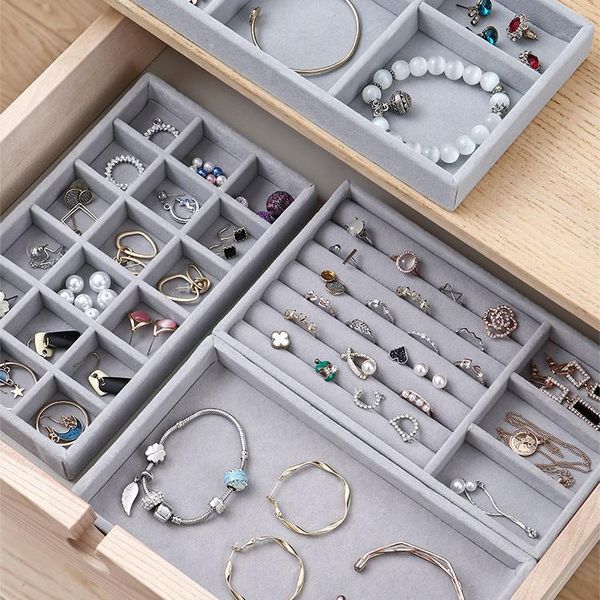 

jewelry pouches, bags velvet storage tray display jeweler holder stand earrings necklace ring box showcase drawer organizer, Pink;blue