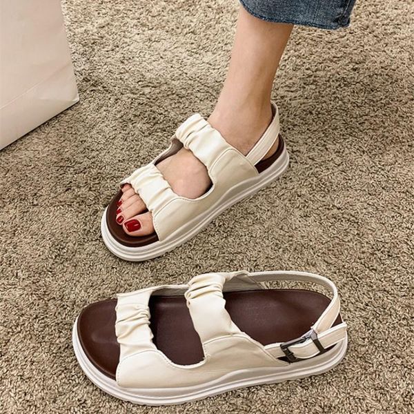 

sandals eoeodoit women's elastic flat adjustable leather open toe back strap buckle, Black