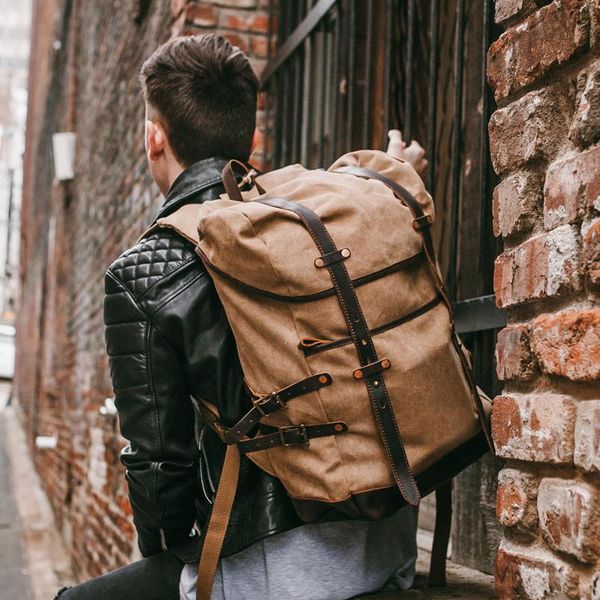 

backpack retro large capacity oil wax waterproof hiking youth canvas leather drawstring anti-theft bag men's