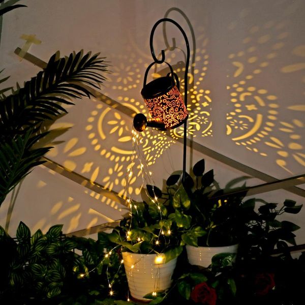 

lawn lamps outdoor solar stars garden art light gardening watering can led string fairy hollow-out iron lamp decor