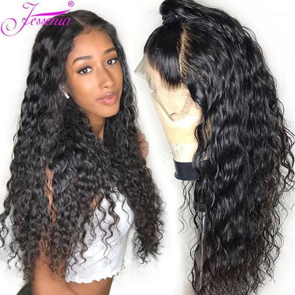 

water wave 30inch human hair wigs 4x4 lace closure wig for women 150%density brazilian front long wig1, Black;brown