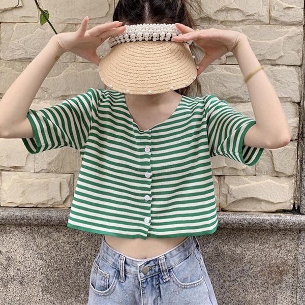 

women's t-shirt fashion summer women round neck striped single breasted short sleeves sweet style clothing, White