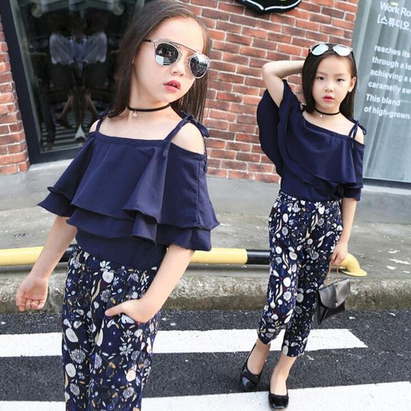 

style child girls clothes summer off shoulder shirt floral pants outfits set ruffle collar casual 3-12 years kids clothing sets, White