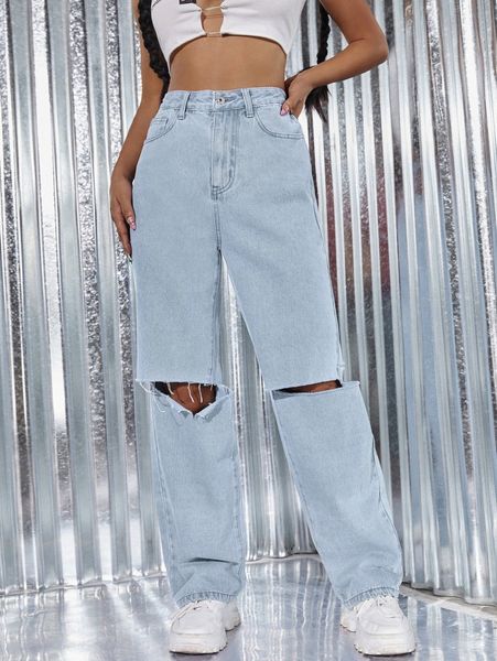

high waist ripped straight leg jeans 34qs#, Blue