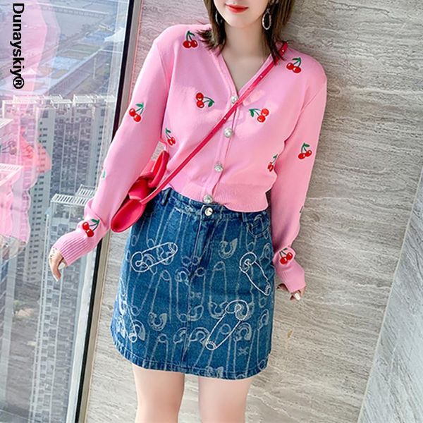 

women's jackets women vintage cardigans autumn spring womens cherries embroidery long sleeve v-neck cropped knitting coat knitwear, Black;brown