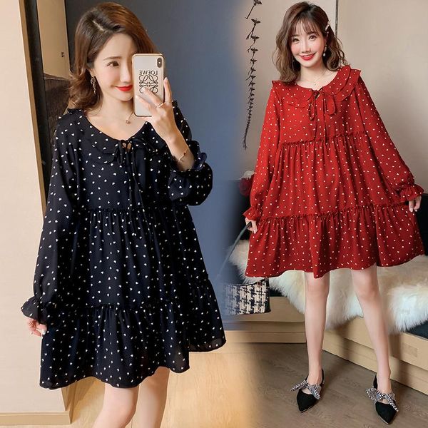 

maternity dresses 702# clothes spring autumn chiffon long sleeve loose stylish dot dress for pregnant women pregnancy, White