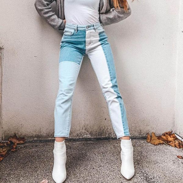 

women fashion pathwork design jeans woman's casual regular vintage mid waist streetwear female clothing women's, Blue