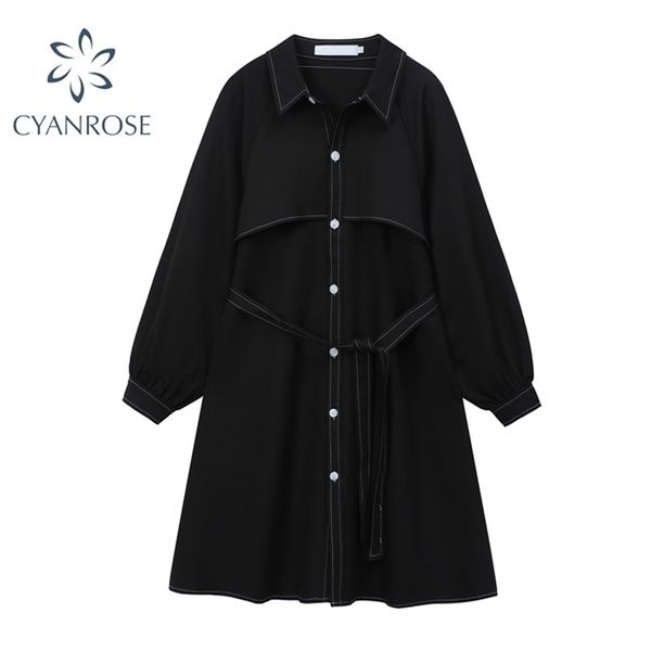 

women loose solid dress lapel neck casual autumn korean fashion vintage female long sleeve elegant ladies office shirt dresses 210515, Black;gray