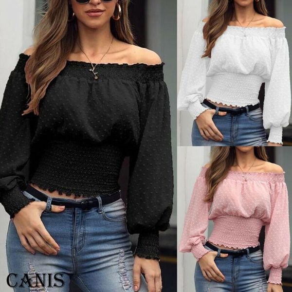 

women's t-shirt autumn women slash neck off shoulder ladies long sleeve shirts slim casual, White