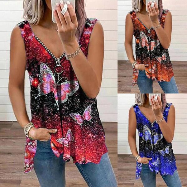 

women's t-shirt summer plus size women fashion v neck zipper butterfly print loose vest sleeveless female 2021, White
