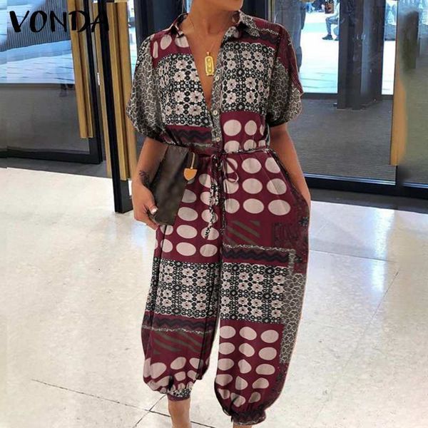 

casual dresses women autumn jumpsuit vonda vintage polka dot rompers print patchwork playsuits short sleeve loose wide leg pasnts, Black;gray