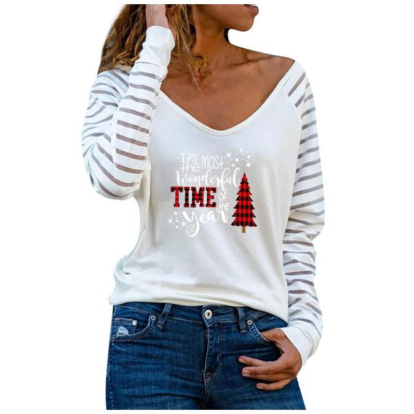 

women's t-shirt ladies loose casual long sleeve bottoming shirt printed v-neck hollow-out lantern, White