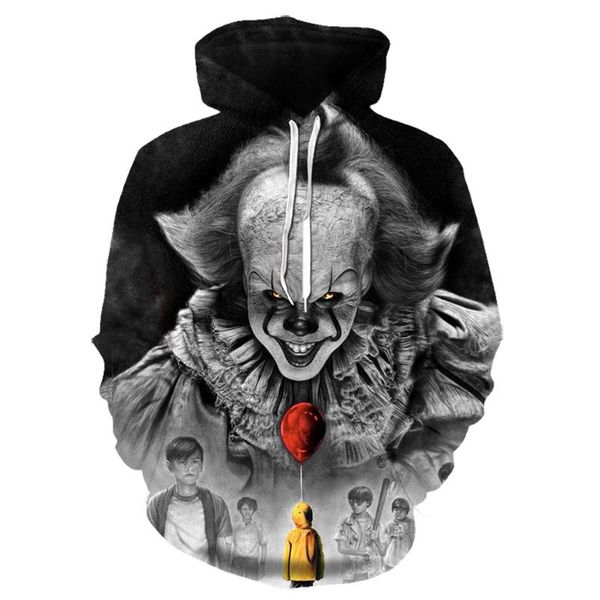 Hoodies dos homens moletom filmes stephen rei itthe palhaço Pennywise 3D impressão cosplay traje homens mulheres desenhos animados halloween moletom