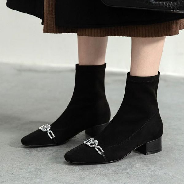 

boots square toe women autumn ankle black elastic suede bottes crystal chains decor short sock booties brown chaussure femmes1