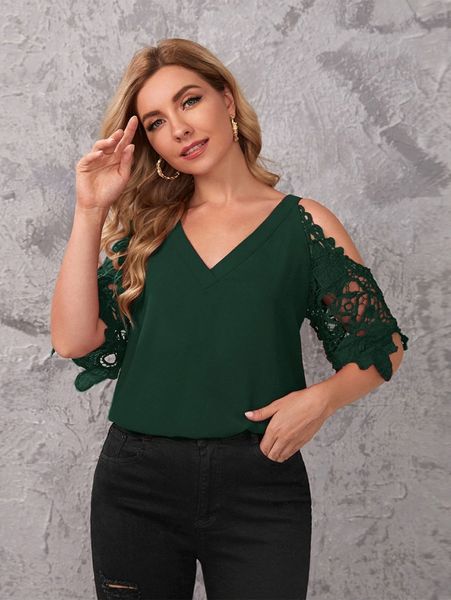 

cold shoulder contrast guipure lace 54hk#, White