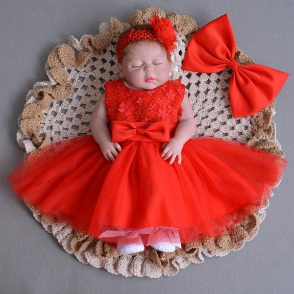 

spring summer baby girl baptism birthday wedding dresses lace tulle christening princess born party wear + headband set girl's, Red;yellow