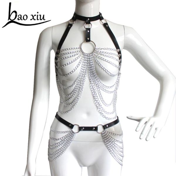 

belts 2pcs women leather harness set harajuku punk gothic stockings garters metal tassel chain belt fetish accessories, Black;brown