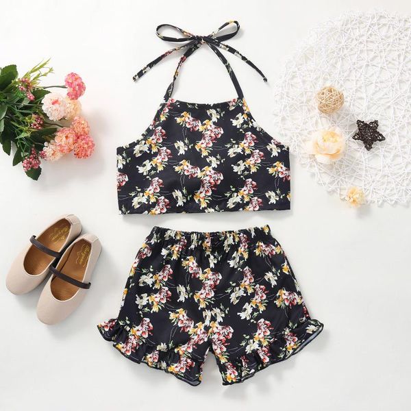 

clothing sets 1-4t girls summer comfortable two-piece fashion flower halter nine-point floral camisole and elastic shorts little girl set, White