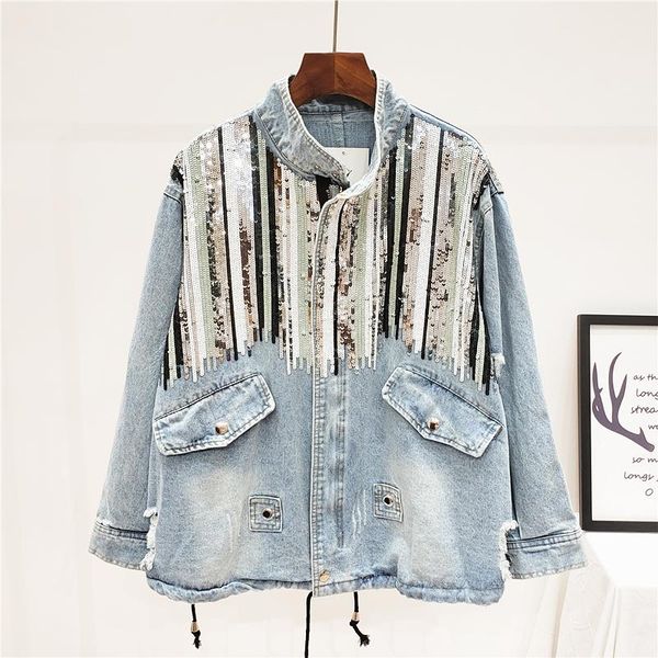 

women's jackets streetwear autumn loose heavy industry sequins vintage washed denim jacket women harajuku plus size blue casual jeans, Black;brown