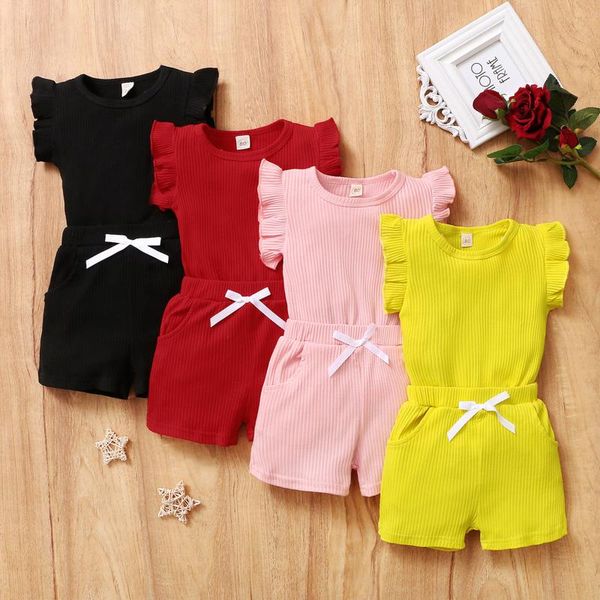 

summer baby girls boys clothes sets ruffles short sleeve pullover t shirts shorts solid outfits 2021 children's clothing, White