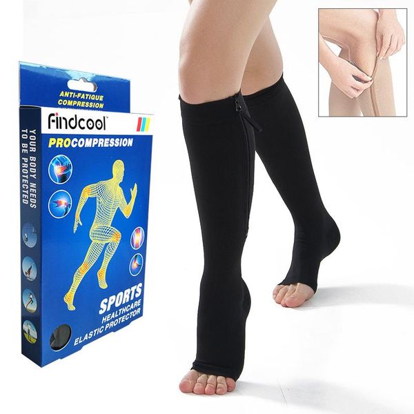 

sports socks findcool women zipper compression yoga 20-30mmhg zip leg support knee sox open toe sport, Black