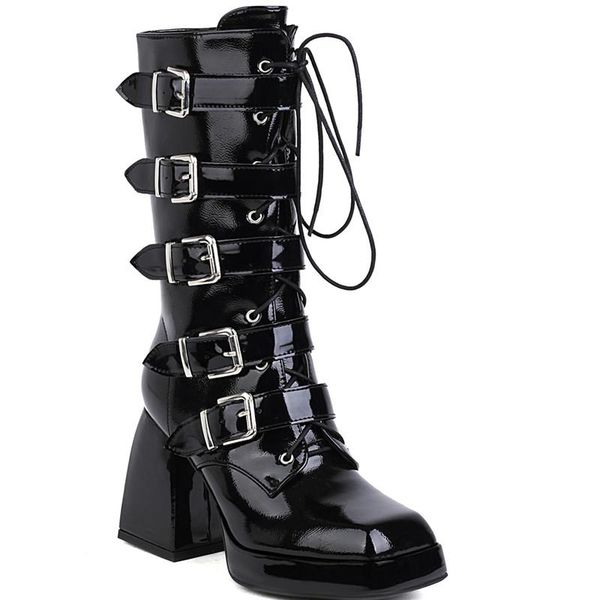 

boots punk-inspired women mid-boots autumn and winter plush thick-soled metal embellished lace-up high-quality comfortable short, Black