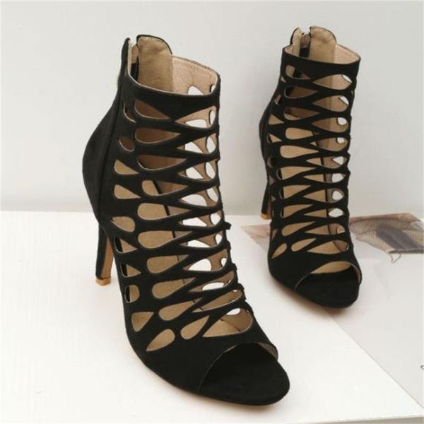 

sandals women's back zipper high thin heel 2021 foreign trade european and american fish mouth hollow large shoes, Black