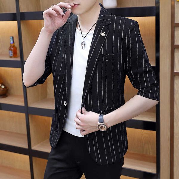 

striped blazer masculino summer half sleeve slim fit casual suit jacket wedding business blazer dress coat social jacket 210527, White;black