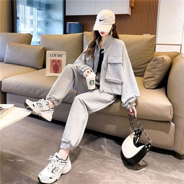 

short coat women's suit leisure sports two piece set loose korean version foreign style dign sense fashion spell interface bag, Gray