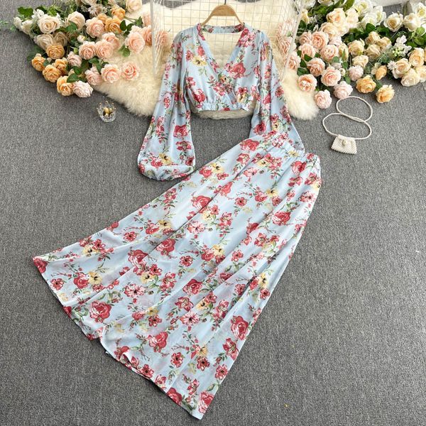 

singreiny women summer boho floral chiffon beach set backless puff sleeve short +high waist long skirt two piece suits 210419, White