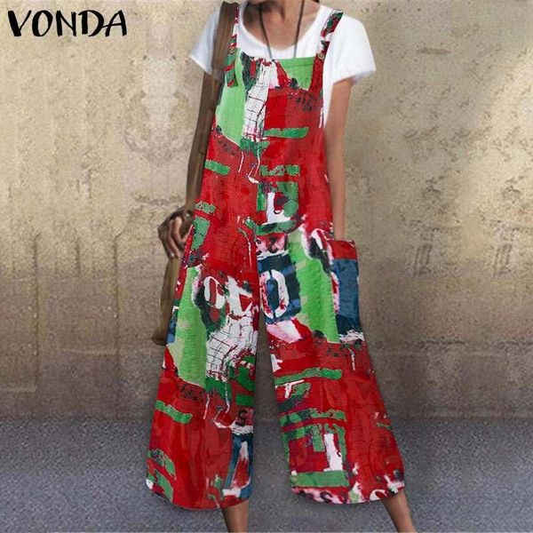 

women's jumpsuits & rompers vonda women vintage printed sleeveless casual wide leg pants long trousers playsuits pantalon femme plus si, Black;white